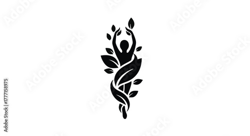Silhouette of a person reaching upwards, entwined with leaves, symbolizing growth and nature.