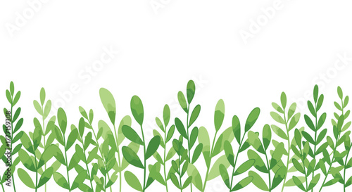 Green leaves forming a fresh natural border at the bottom on a white background, perfect for spring and nature-themed designs.
