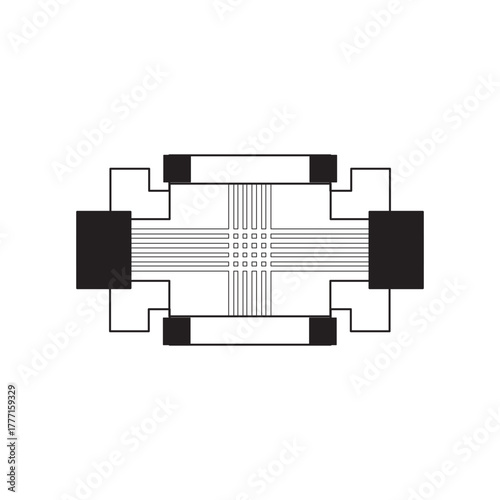 Schematic diagram of a biaxial strain gauge with an intersecting grid pattern and electrical contact pads.
