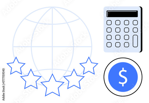 Five stars with a globe symbolize quality standards, calculator implies financial planning, dollar coin shows monetary value. Ideal for finance, business rating, global standards, quality assessment