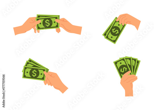 Set of hands holding money for paying stock illustration.