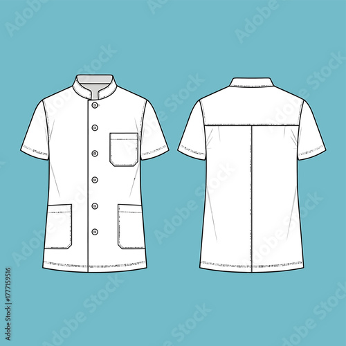 Medical Uniform Scrub Top Fashion Flat Sketch - Stand Collar, Short Sleeve, Pockets
