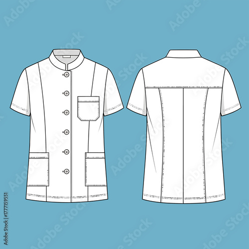 Medical Scrub Tunic Top Fashion Flat Sketch - Short Sleeve & Mandarin Collar