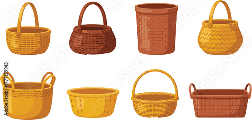 Woven basket collection, traditional handmade containers, rustic craft design, ethnic storage baskets, flat vector illustration, natural fiber decor, cultural art