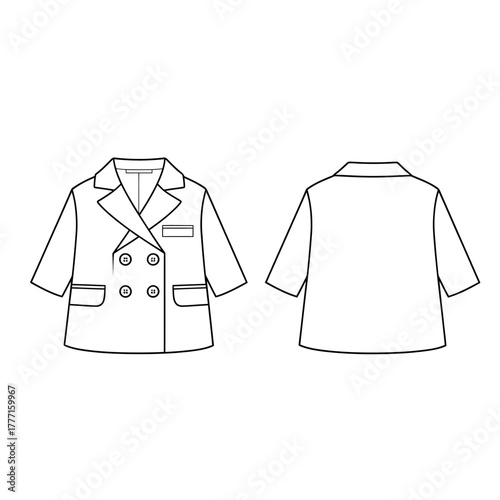 Women's Double-Breasted Cropped Blazer Technical Flat - 3/4 Sleeve