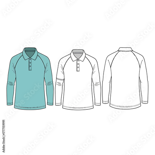 Long Sleeve Raglan Polo Shirt Flat Sketch Template (Front, Back, Color)