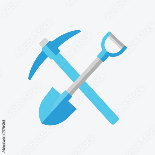 Illustration of a pickaxe and shovel crossed, symbolizing mining, construction, or hard work, in a flat design style with blue and gray colors