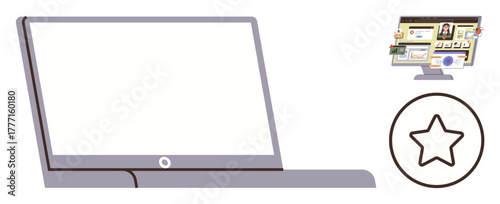 Open laptop with blank screen, star badge symbolizing quality or success, and user dashboard. Ideal for education, achievement, technology, online learning, productivity evaluation reward. Simple