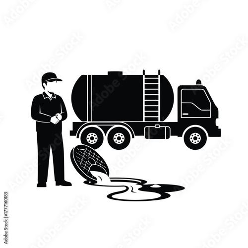 Silhouette of a sanitation worker standing next to a vacuum truck with a manhole cover open and liquid spilling onto the ground