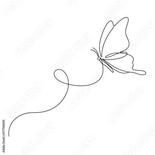 A minimalist black line drawing of a butterfly with flowing wings and a trailing curved line, symbolizing freedom, transformation, and delicate beauty