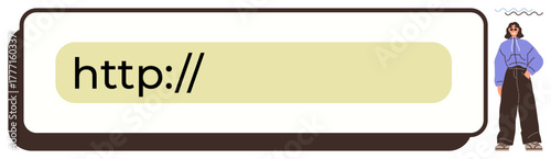 URL input bar in focus with http prompt, framed brown panel, and standing person in casual outfit. Ideal for web navigation, internet access, UIUX, communication, simplicity, connectivity modern