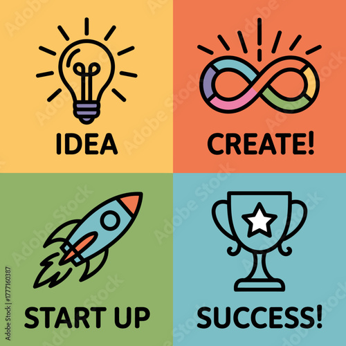 This image features vector icons representing startup, idea, and success, focusing on modern themes and bright colors, appealing to entrepreneurs and creative individuals.