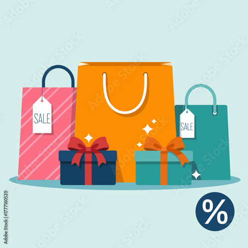 This graphic showcases an assortment of colorful shopping bags and presents, perfect for representing sales events and the delight of shopping and giving.