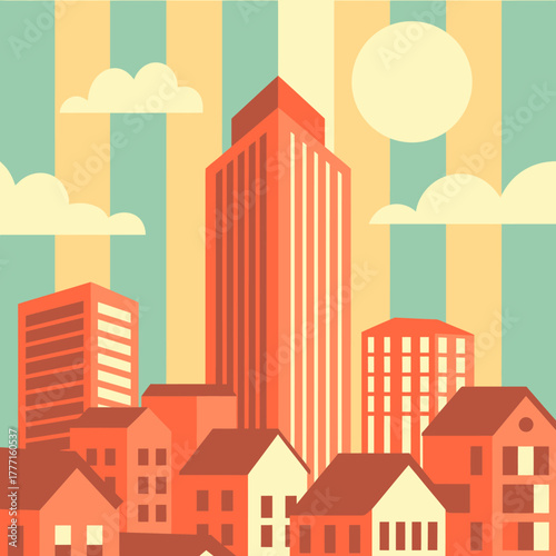 A minimalist city design featuring clear stripes and simple shapes that create an abstract representation of an urban environment and the passage of time in a modern aesthetic.