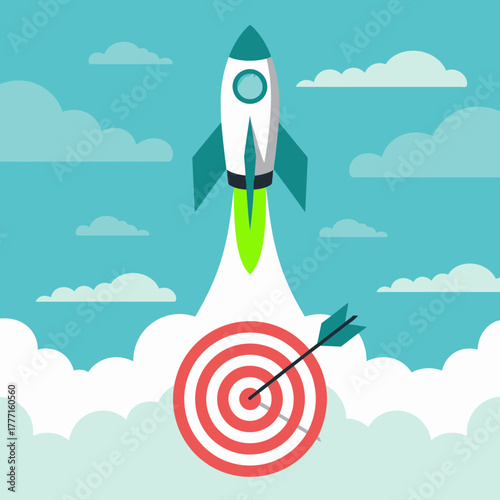 A visually engaging illustration of a sleek rocket racing toward a bullseye target amidst fluffy clouds, creatively embodying the spirit of ambition and goal-oriented pursuits.