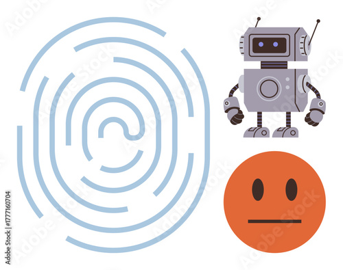Robot with antenna, fingerprint pattern, neutral emoticon face symbolizing artificial intelligence, identity verification, privacy, emotions, machine learning, humanization technology. Ideal