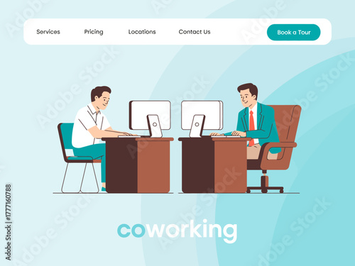 An engaging coworking space illustration where two individuals are working at desktops, highlighting the essence of shared spaces and collaboration in a modern environment.
