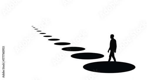 Silhouette of a person walking on a path of stepping stones towards a bright future.