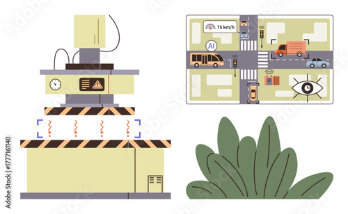 Smart traffic AI managing vehicles, signals, and road safety with sensors, machinery, and technology. Ideal for automation, safety, transportation, future city urban planning innovation simple