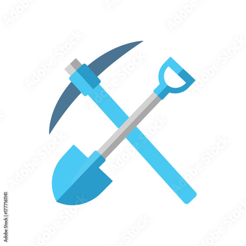 Stylized illustration of a pickaxe and shovel crossed, representing mining, construction, or manual labor