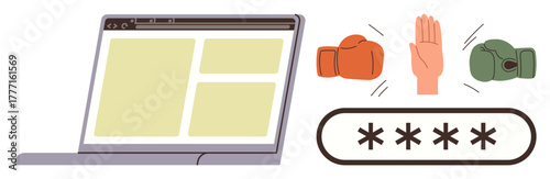 Laptop with website interface, password entry field, and boxing gloves highlighting cyber threats, security, and protection. Ideal for technology, online safety, privacy, data protection hacking