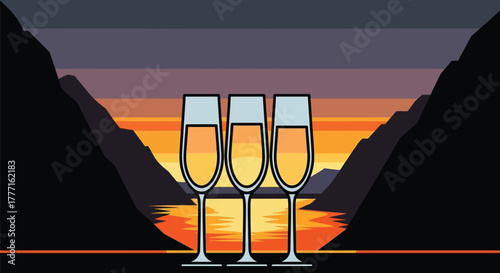 Champagne glasses sunset vector illustration luxury celebration art