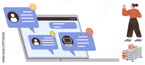 Chat bubbles on open laptop screen, woman raising finger, filing cabinet filled with documents. Ideal for teamwork, online support, messaging, digital workflow, remote communication, office