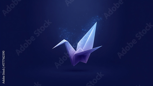 A stylized paper crane with glowing particles on a dark blue gradient background design element