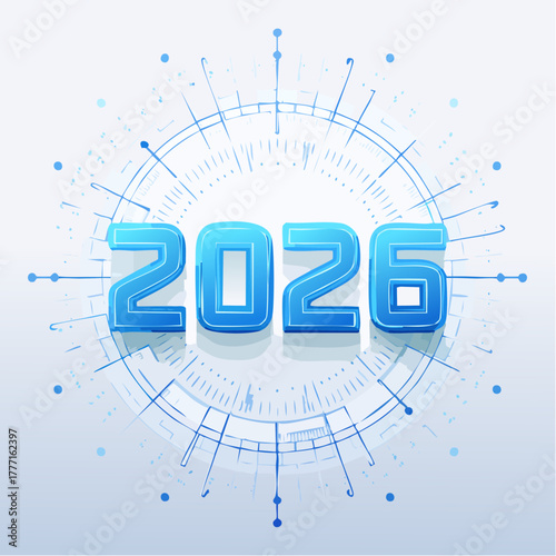 2026の数字が浮かぶ未来的なデジタルテクノロジーデザイン