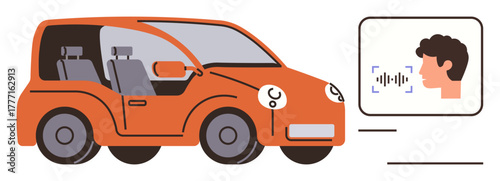 Orange modern car design connected to voice interface evaluating commands for functionality. Ideal for technology, innovation, AI, mobility, automation, connectivity, transportation concepts. Simple