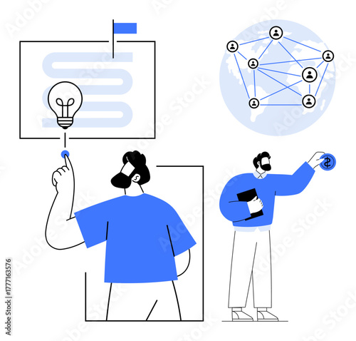 Group brainstorming with light bulb illustration, interconnected network globe, and professional teamwork dynamics. Ideal for innovation, strategy, collaboration, networking, global connections