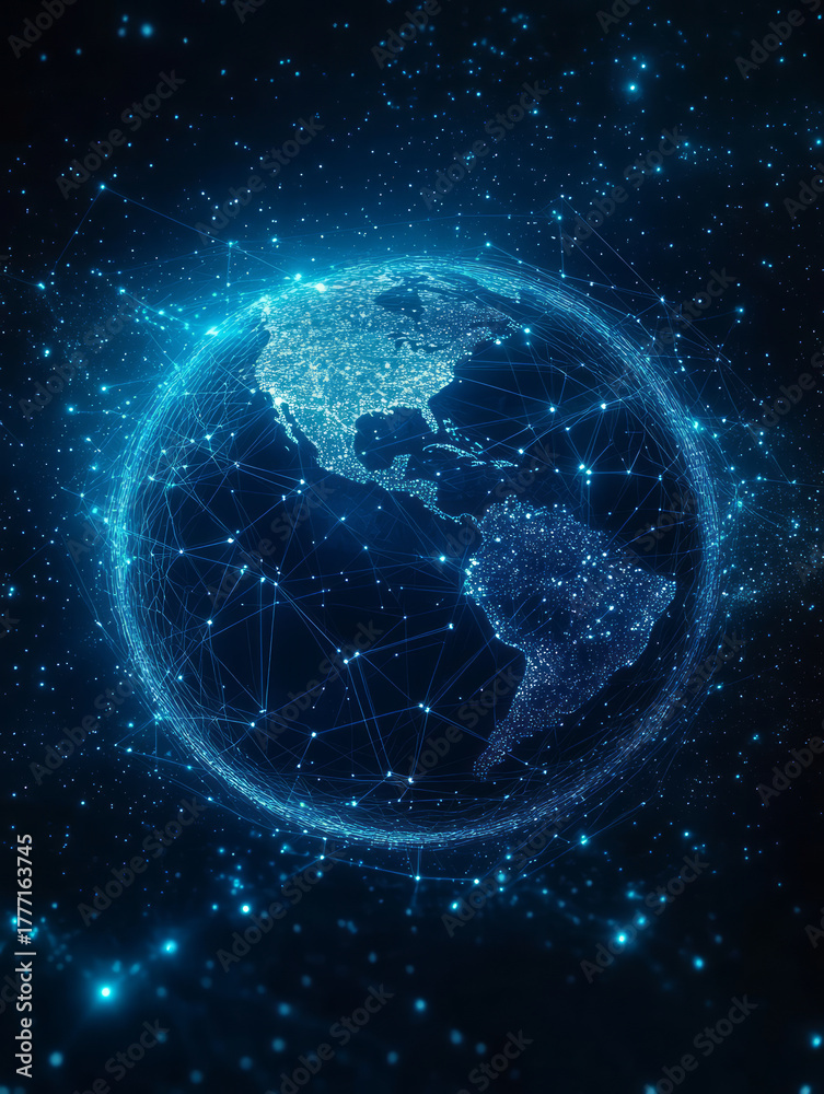 Naklejka premium A background image featuring a digital earth internet technology theme composed of connected dots and lines.