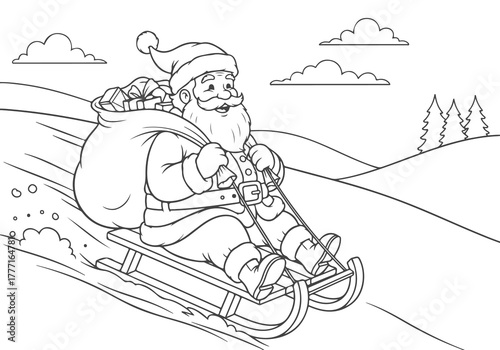 A festive winter scene featuring Santa Claus sledding down a snowy hill with a sack of gifts, an engaging outline coloring page perfect for holiday season creativity