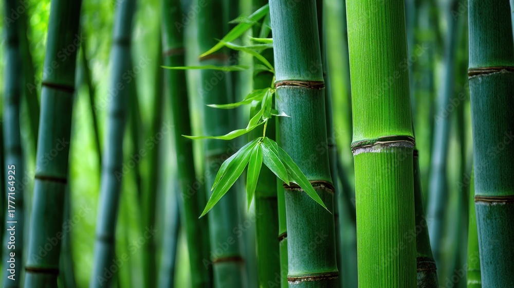 Obraz premium Tall bamboo stalks stretch towards the sky complemented by vibrant green leaves.