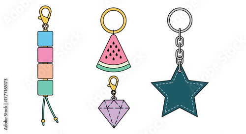 Cute keychains vector set of geometric and fruit shaped keychains