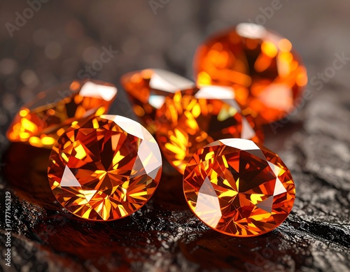 Several radiant, orange gemstones rest on a dark, textured surface