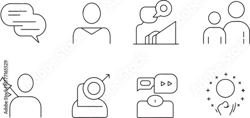 Set of eight simple line art icons representing communication and people