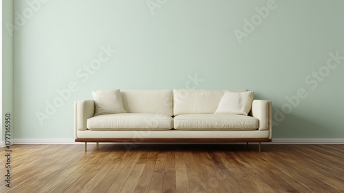 Fototapeta Naklejka Na Ścianę i Meble -  3D render of a modern, minimal living room featuring a cream sofa, wood flooring, and a blank pastel green wall, perfect for copy space. 