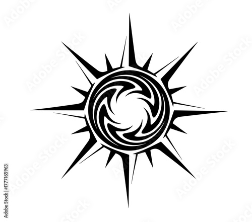 A striking black and white tribal-style design featuring a central swirling vortex encircled by sharp, radiating spikes, evoking a sense of powerful energy and mystique