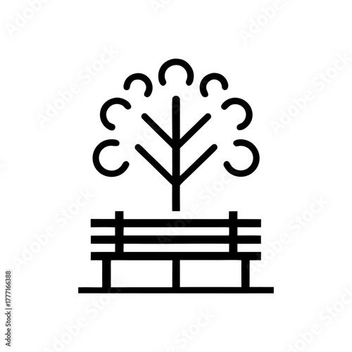 A minimalist outline of a tree with a small bench underneath — symbolizing rest, shade, and calmness.