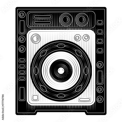Black and white vector illustration of professional audio speaker CDJ media player unit detailed vintage woodcut engraving style for music events DJ equipment audio gear
