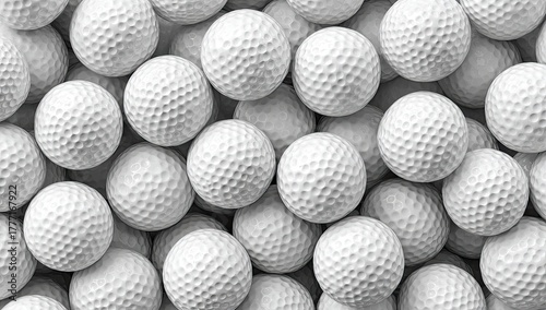 Close-up, black and white, overhead shot of multiple dimpled spheres stacked randomly