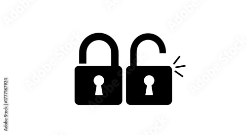 Two black padlock icons side by side one locked and one unlocked with a subtle animation effect