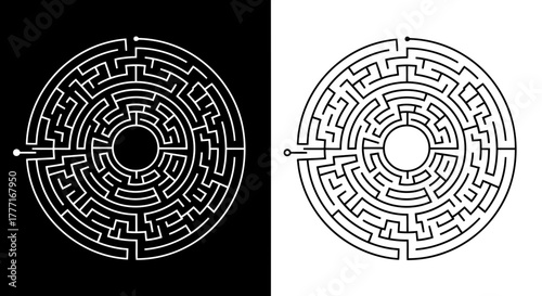 Two contrasting circular mazes one white on black the other black on white