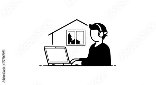 Young person working remotely from home using a laptop and headphones, experiencing modern digital lifestyle and connectivity.