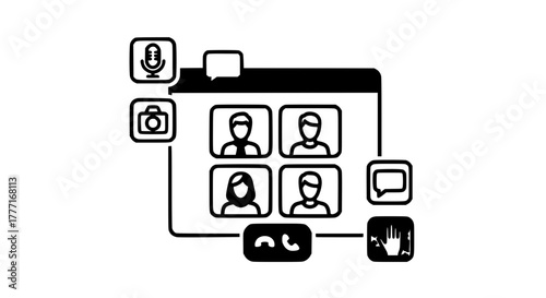 Dynamic video conference interface showcasing remote team collaboration with interactive communication icons for seamless virtual meetings and global connectivity