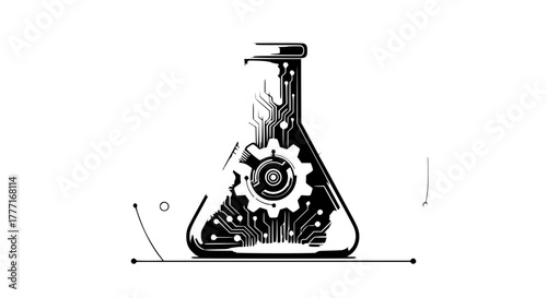 Dynamic scientific innovation concept blending chemistry flask with intricate circuit board and gears for future technology breakthroughs