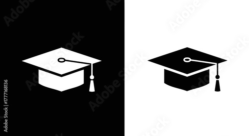 Iconic graduation cap symbol shown in white on black and black on white backgrounds