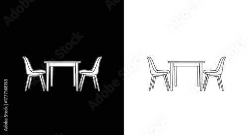 Minimalist dining set with two chairs and a table shown in black and white contrast
