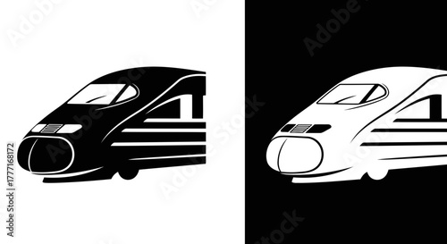 Modern high speed train silhouette in black and white side by side comparison